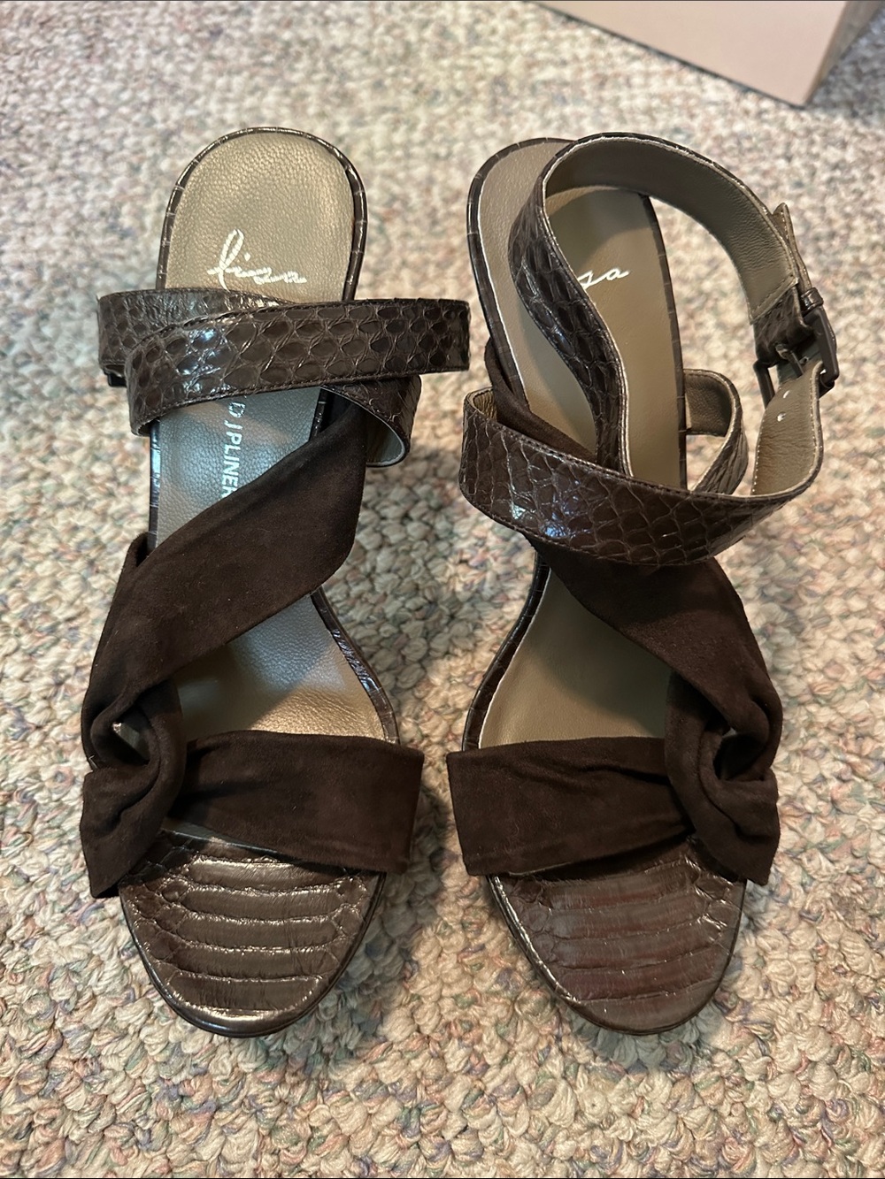 Brown Croc-Embossed Suede Knot Ankle-Strap Heels